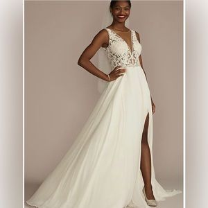 Galina Signature Appliqué Illusion Chiffon wedding dress. Size 8. NWT.